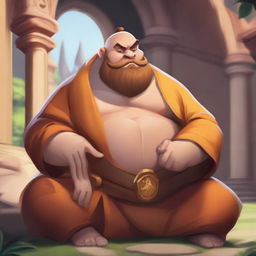 A detailed illustration of Gragas from League of Legends, depicted as a monk