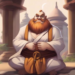 A detailed illustration of Gragas from League of Legends, depicted as a monk