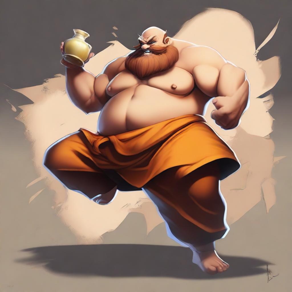 Create an image of Gragas from League of Legends, depicted as a Shaolin monk with a drunken fighting style
