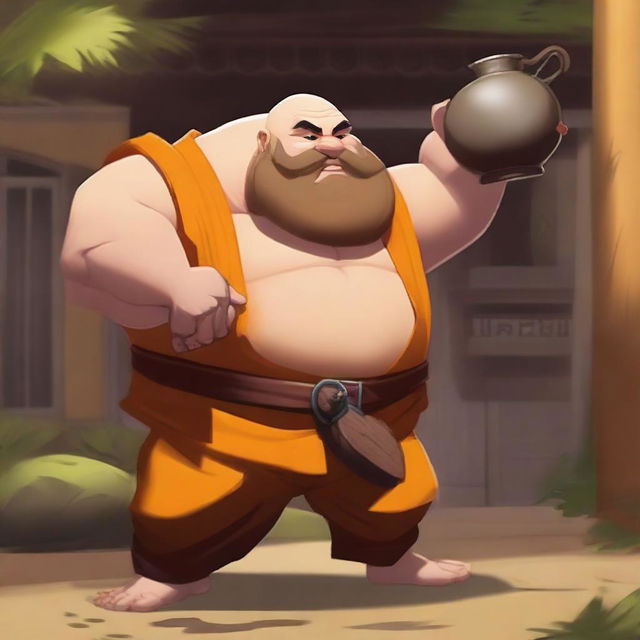 Create an image of Gragas from League of Legends, depicted as a Shaolin monk with a drunken fighting style