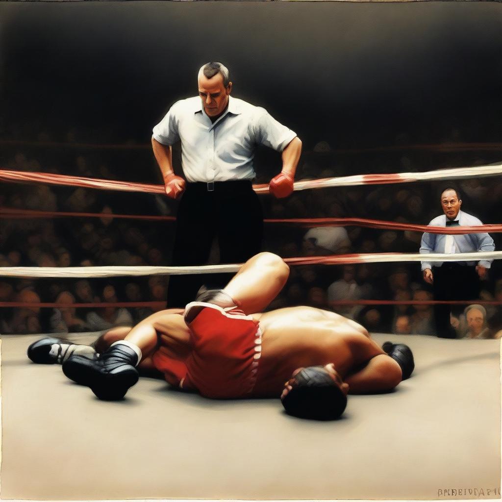 A realistic depiction of a boxer who has been knocked out in a match