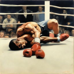 A realistic depiction of a boxer who has been knocked out in a match