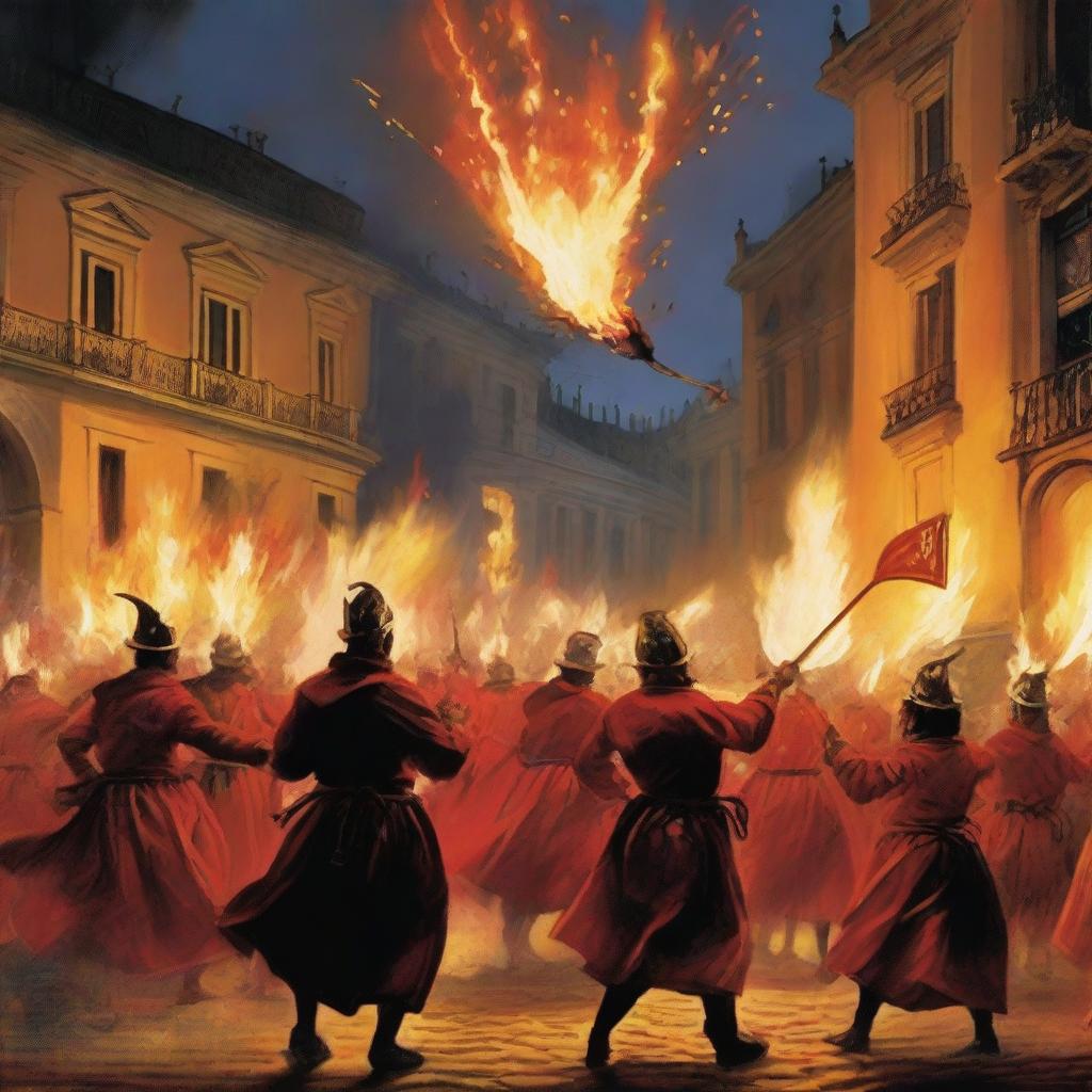 A vivid depiction of a 'correfoc' event featuring 'diables' (devils) in traditional costumes