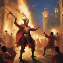 A vivid depiction of a 'correfoc' event featuring 'diables' (devils) in traditional costumes