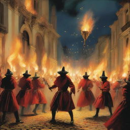 A vivid depiction of a 'correfoc' event featuring 'diables' (devils) in traditional costumes