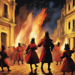 A vivid depiction of a 'correfoc' event featuring 'diables' (devils) in traditional costumes