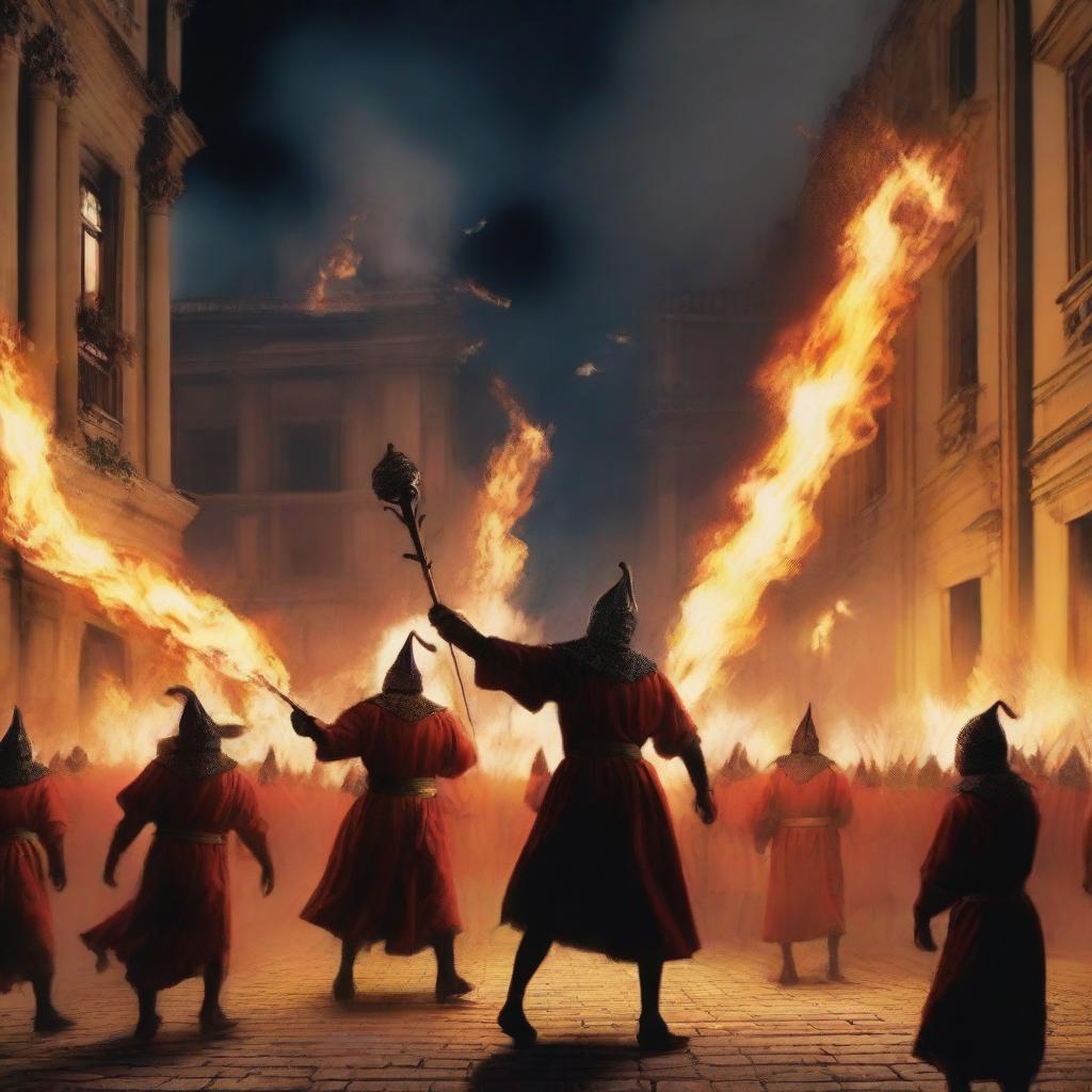 A realistic depiction of a 'correfoc' event featuring 'diables' (devils) in traditional costumes