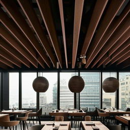 A stylish and modern restaurant with minimalistic design. The dining area filled with geometrically shaped furniture, an open-concept kitchen, sleek pendant lights hanging from the ceiling, and large panoramic windows revealing a bustling cityscape.