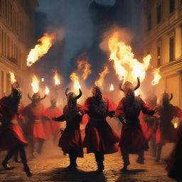 A realistic depiction of a 'correfoc' event featuring 'diables' (devils) in traditional costumes