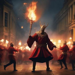 A realistic depiction of a 'correfoc' event featuring 'diables' (devils) in traditional costumes