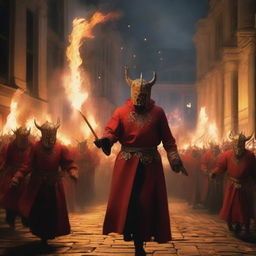 A realistic depiction of a 'correfoc' event featuring 'diables' (devils) in traditional costumes