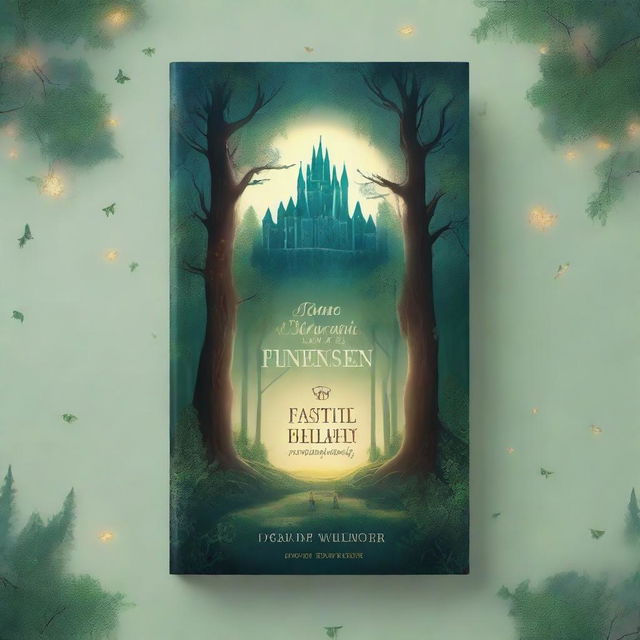 A captivating book cover featuring a mystical forest with glowing lights and a hidden path leading to an ancient castle