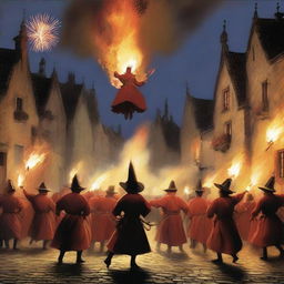 A vivid depiction of a 'correfoc' event in a small village featuring 'diables' (devils) in traditional costumes