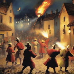 A vivid depiction of a 'correfoc' event in a small village featuring 'diables' (devils) in traditional costumes