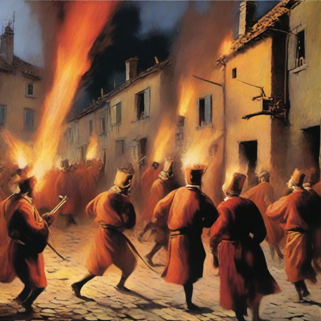 A vivid depiction of a 'correfoc' event in a small village featuring 'diables' (devils) in traditional costumes