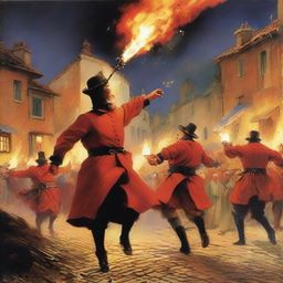 A vivid depiction of a 'correfoc' event in a small village featuring 'diables' (devils) in traditional costumes