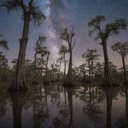 A mystical Louisiana cypress tree forest at nightfall, Spanish moss-draped trees silhouetted against a starry sky, with a dry, leaf-strewn forest floor, absent of water features.