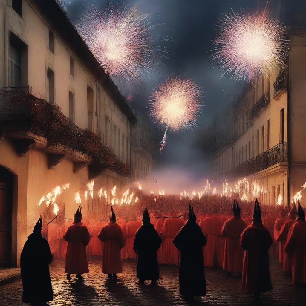 A realistic depiction of a 'correfoc' festival in a small town, featuring people dressed as devils