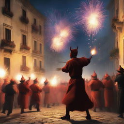 A realistic depiction of a 'correfoc' festival in a small town, featuring people dressed as devils