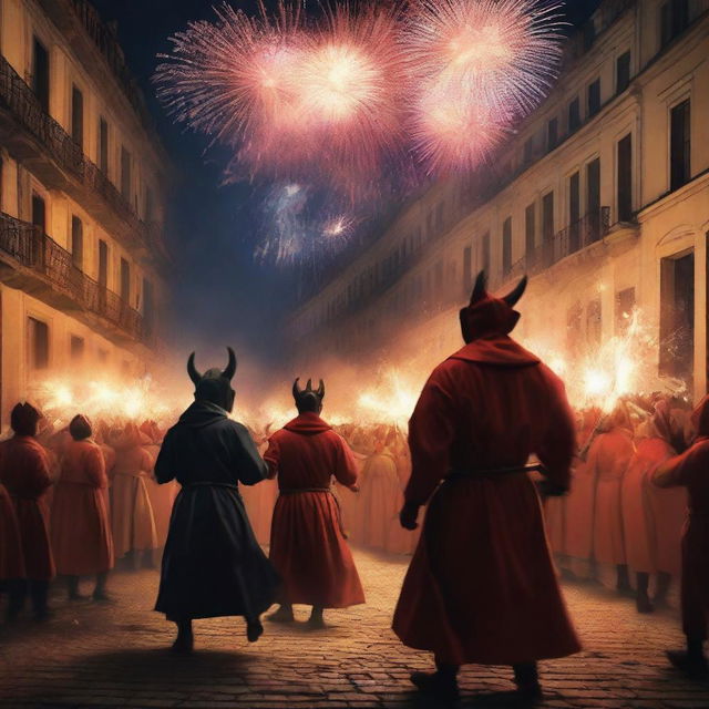 A realistic depiction of a 'correfoc' festival in a small town, featuring people dressed as devils