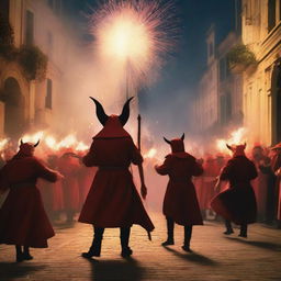 A realistic depiction of a 'correfoc' festival in a small town, featuring people dressed as devils