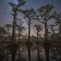 A mystical Louisiana cypress tree forest at nightfall, Spanish moss-draped trees silhouetted against a starry sky, with a dry, leaf-strewn forest floor, absent of water features.