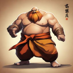 Gragas from League of Legends depicted as a Shaolin monk, combining his burly, drunken fighting style with traditional Shaolin monk attire and environment