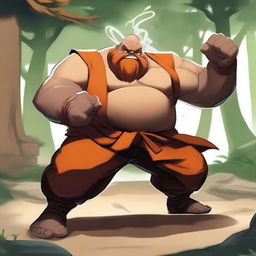 Gragas from League of Legends depicted as a Shaolin monk, combining his burly, drunken fighting style with traditional Shaolin monk attire and environment