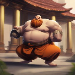 Gragas from League of Legends depicted as a Shaolin monk, combining his burly, drunken fighting style with traditional Shaolin monk attire and environment