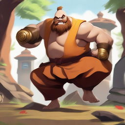 Gragas from League of Legends depicted as a Shaolin monk, combining his burly, drunken fighting style with traditional Shaolin monk attire and environment