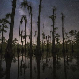 A mystical Louisiana cypress tree forest at nightfall, Spanish moss-draped trees silhouetted against a starry sky, with a dry, leaf-strewn forest floor, absent of water features.