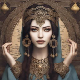 Create a realistic image of the face of a female seer holding the Libra sign in her hands with an esoteric background