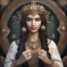 Create a realistic image of the face of a female seer holding the Libra sign in her hands with an esoteric background