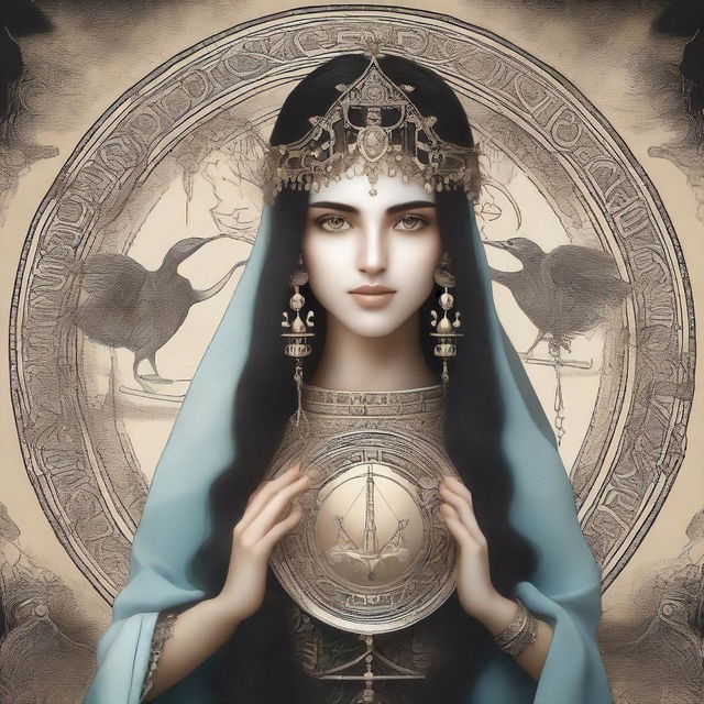 Create a realistic image of the face of a female seer holding the Libra sign in her hands with an esoteric background