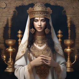 Create a realistic image of the face of a female seer holding the Libra sign in her hands with an esoteric background