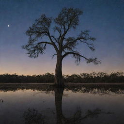 A captivating night scene of a dry Louisiana cypress tree forest, where trees draped in Spanish moss stand silhouetted against the moonlit sky, devoid of any water bodies.