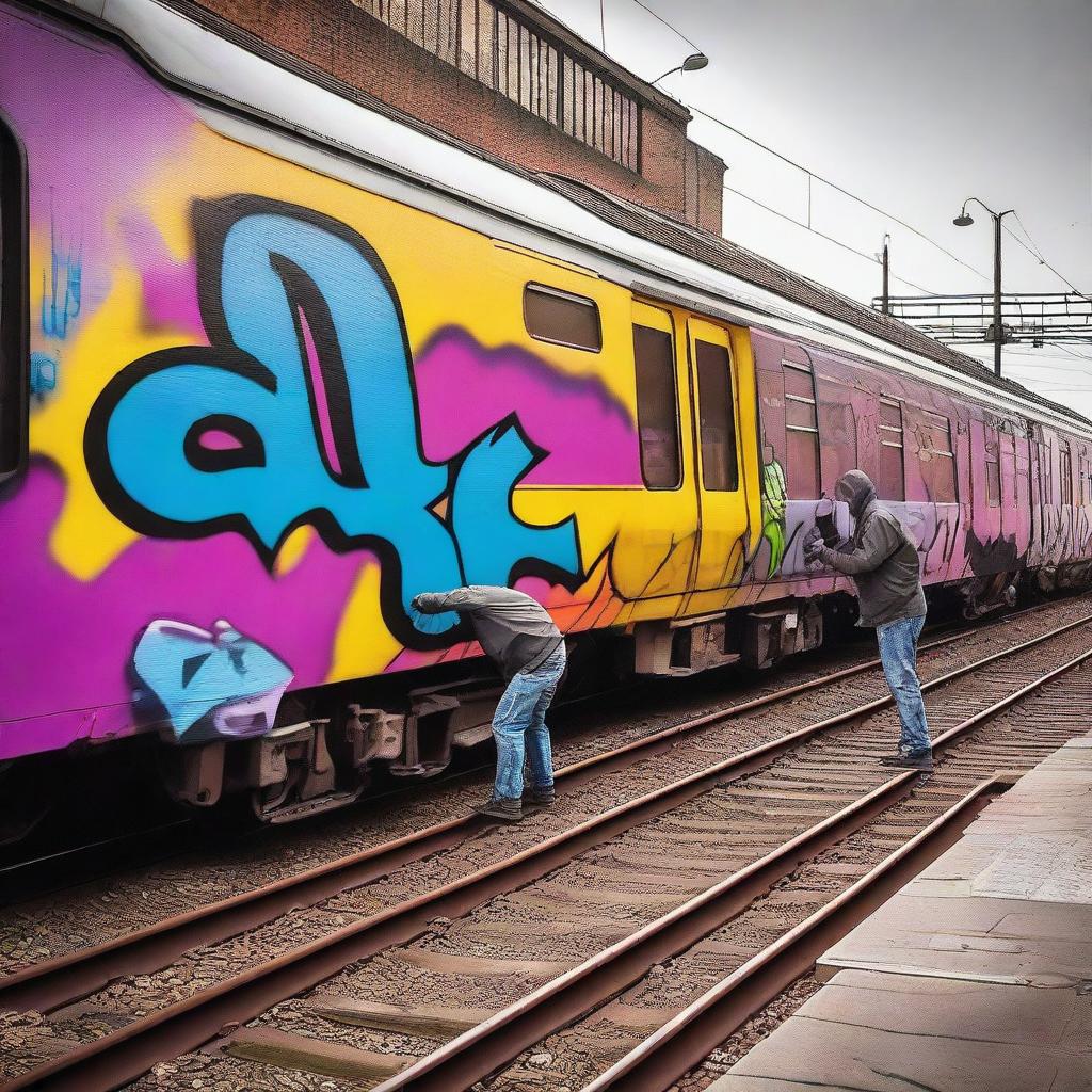 A group of graffiti artists working on the walls of a Rodalies train station