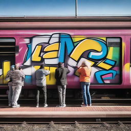 A group of graffiti artists working on the walls of a Rodalies train station