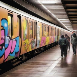 A group of graffiti artists working on the walls of a Rodalies train station