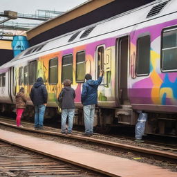 A group of graffiti artists working on the walls of a Rodalies train station