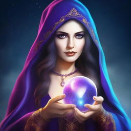 Create a realistic, vibrant half-body image of a sorceress holding a crystal ball in her hands