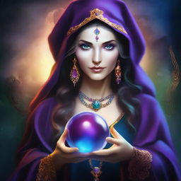 Create a realistic, vibrant half-body image of a sorceress holding a crystal ball in her hands