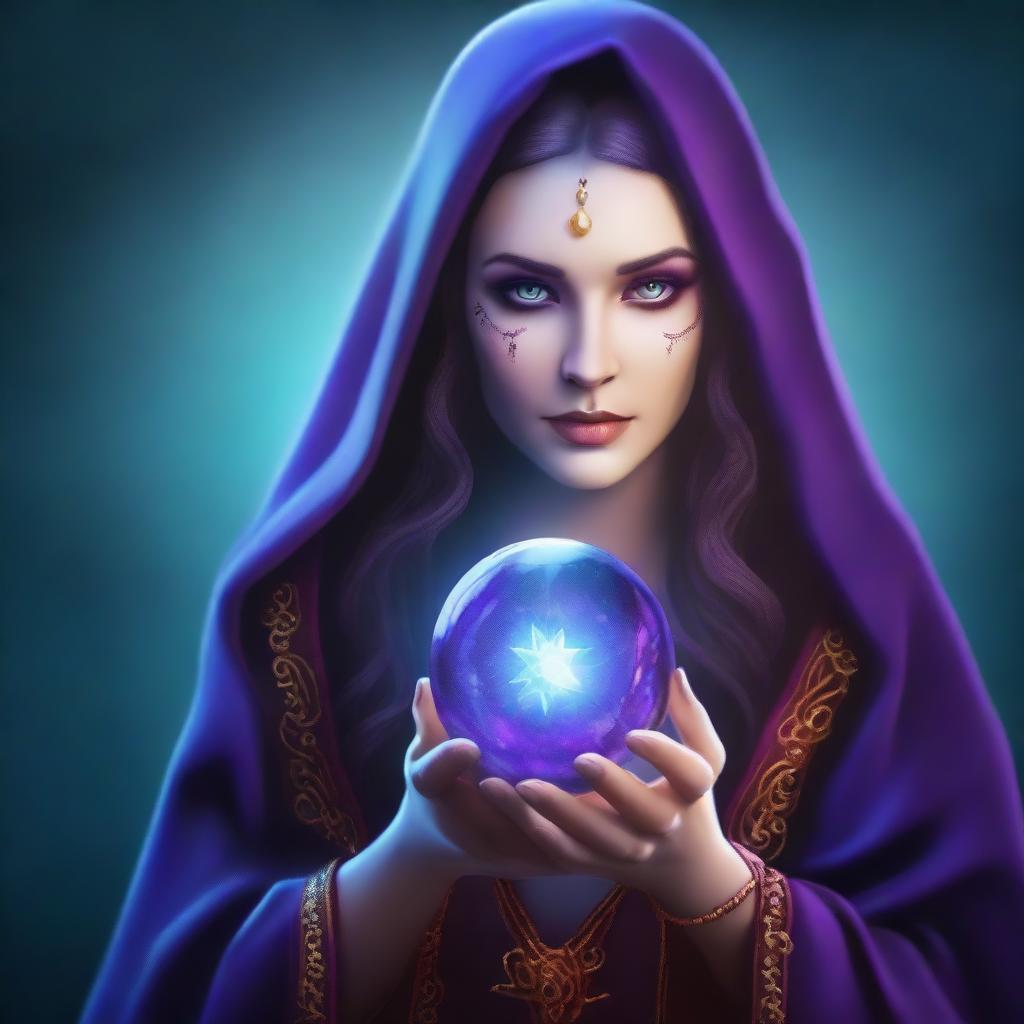 Create a realistic, vibrant half-body image of a sorceress holding a crystal ball in her hands