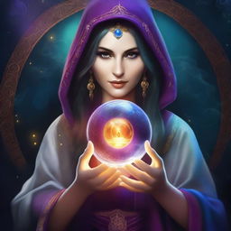 Create a realistic, vibrant half-body image of a sorceress holding a crystal ball in her hands