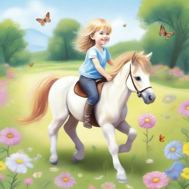 A joyful scene of a child riding a pony in a sunny meadow