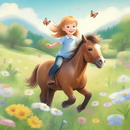 A joyful scene of a child riding a pony in a sunny meadow