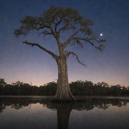 A captivating night scene of a dry Louisiana cypress tree forest, where trees draped in Spanish moss stand silhouetted against the moonlit sky, devoid of any water bodies.