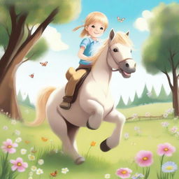 A joyful scene of a child riding a pony in a sunny meadow