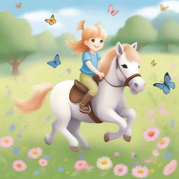 A joyful scene of a child riding a pony in a sunny meadow