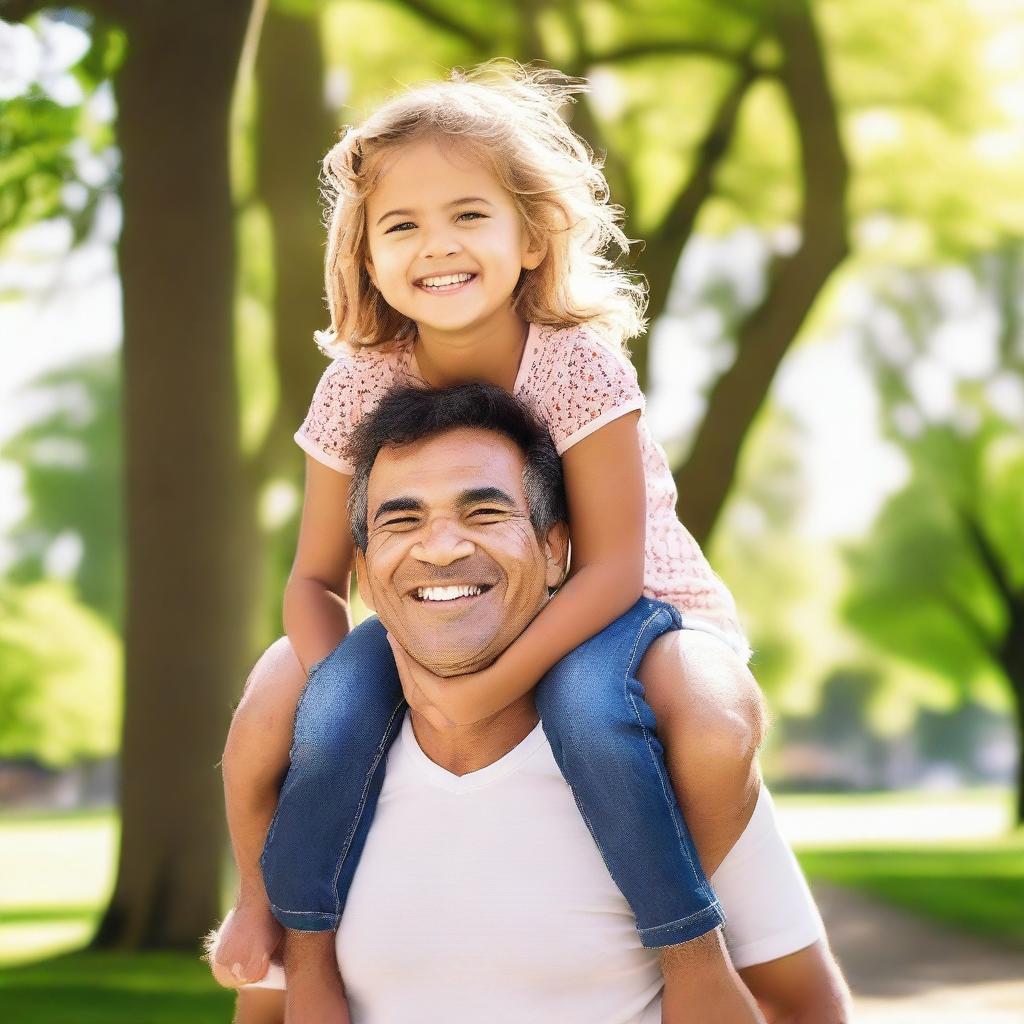 A cheerful scene of a child getting a shoulder ride from their parent in a park